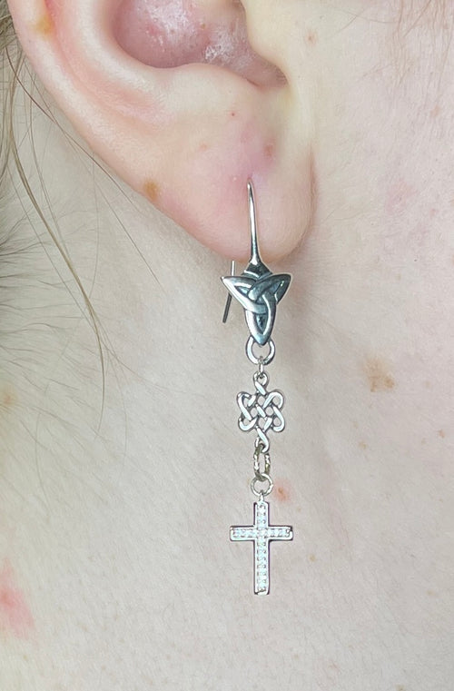Celtic Knot Dangle Earrings with Cubic Zirconia Cross-Sterling Silver
