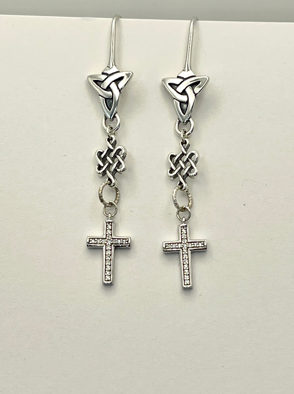 Celtic Knot Dangle Earrings with Cubic Zirconia Cross-Sterling Silver