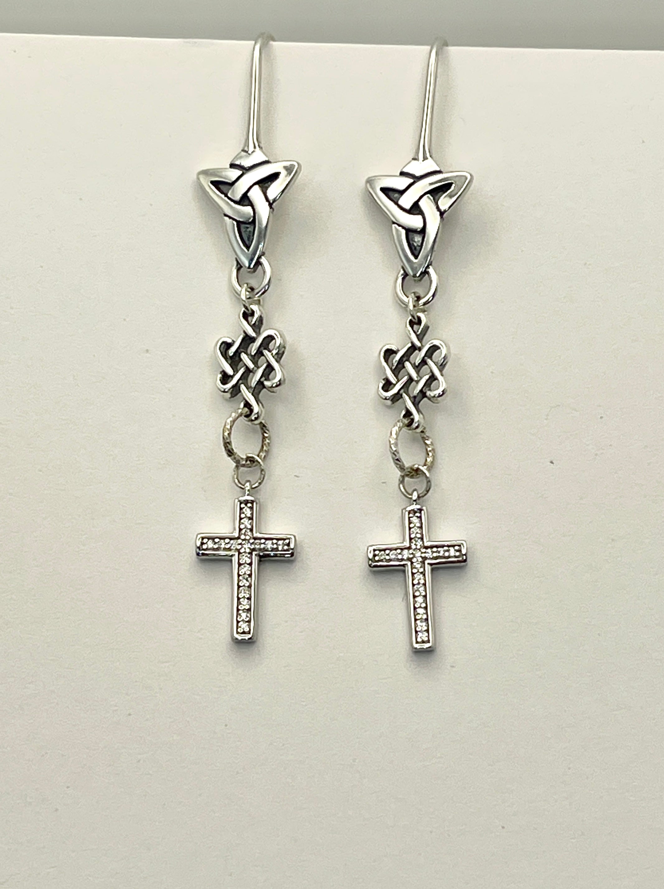 Celtic Knot Dangle Earrings with Cubic Zirconia Cross-Sterling Silver